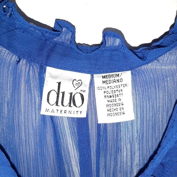 Duo Maternity Blue Sheer Blouse Tunic Top Tie Waist Belt Size Medium - Picture 2 of 8